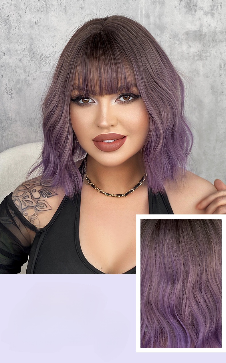 Purple Water Ripple Wig Pear Flower Short Curly Air Bangs Women Wig